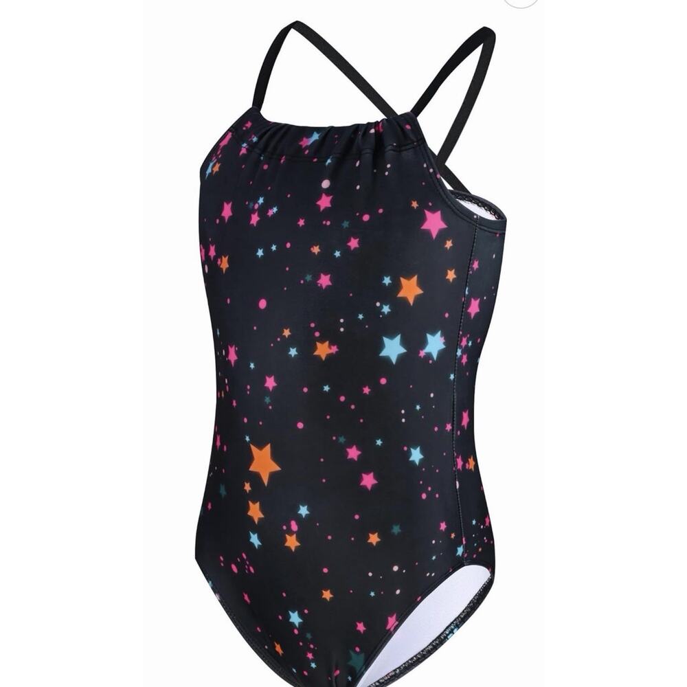 TENVDA One Piece Swimsuits Stars Black Girls Small 5/6 New